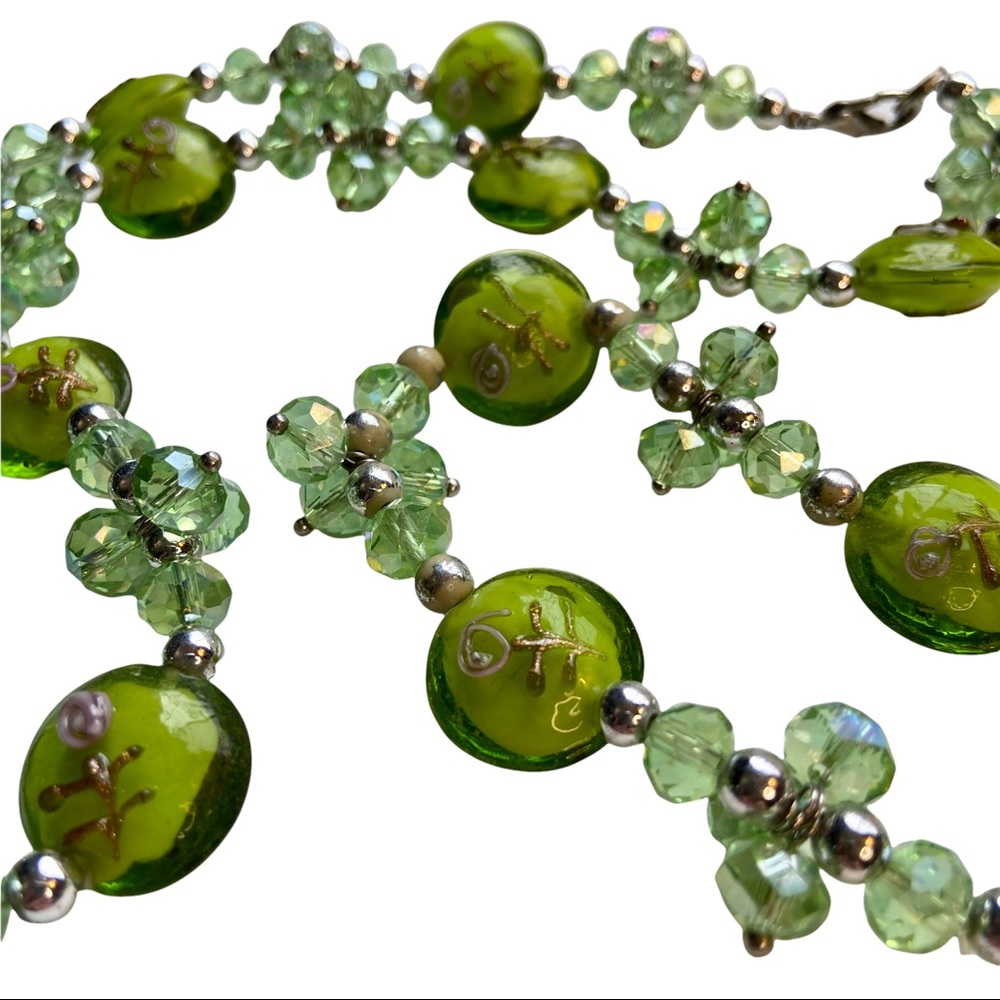 Green Lampwork Glass Crystal Necklace & Matching Stretchy Bracelet Set